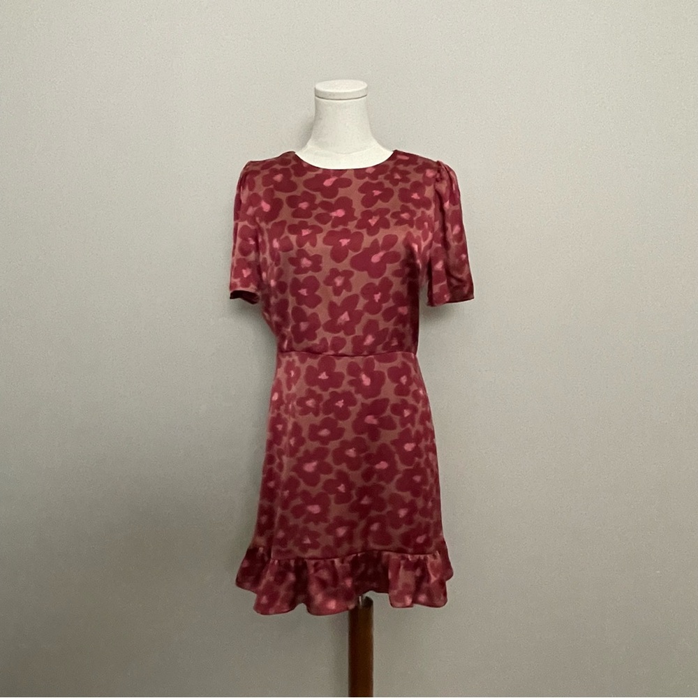 Dress Forum Dress Mini Floral Satin Silky Ruffle Puffed Sleeves Lined Pink Red